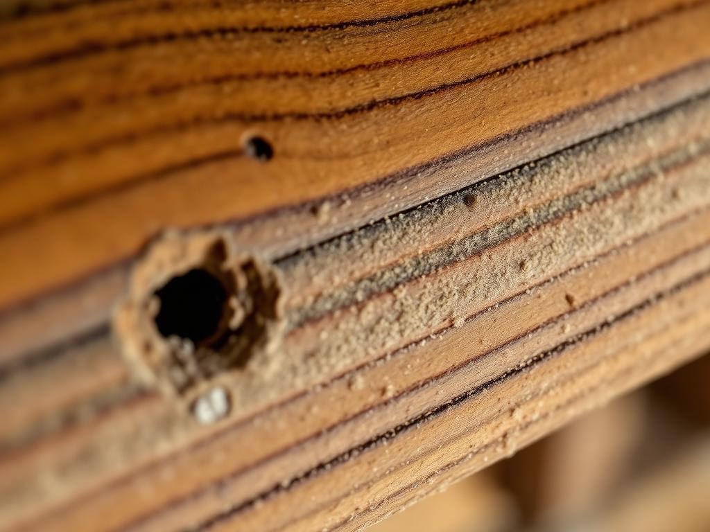 Houtwormgaatjes en boormeel in een houten balk