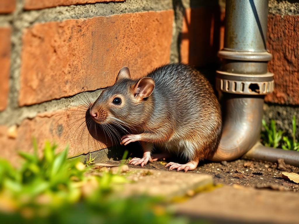 Bruine rat bij een gevel en rioolbuis
